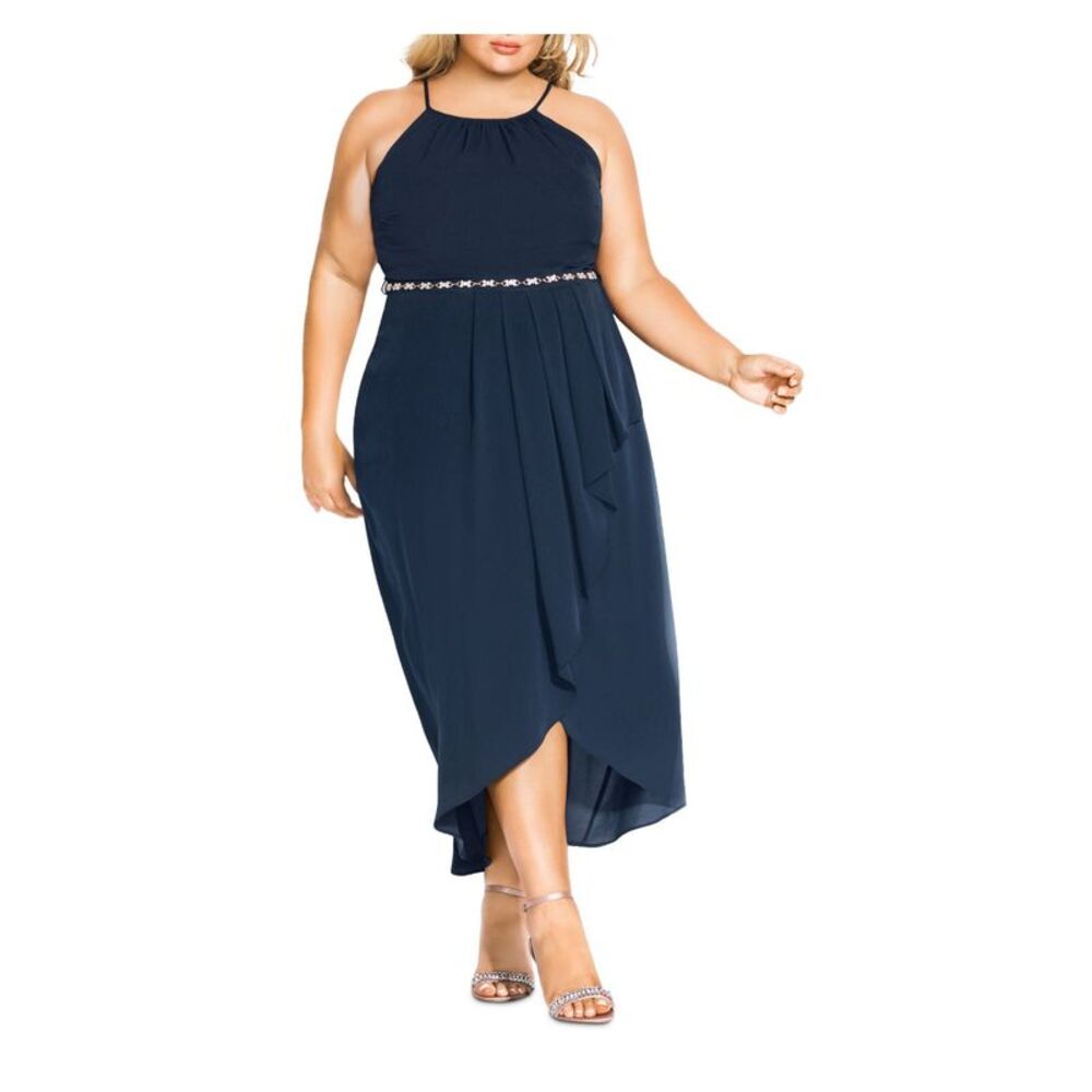 CITY CHIC Womens Navy Back Chain Jeweled Belt Sleeveless Maxi Hi-Lo Dress Plus S